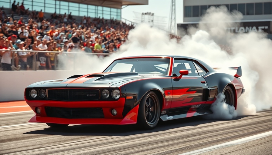 Black and red race car does burnout on track with smoke