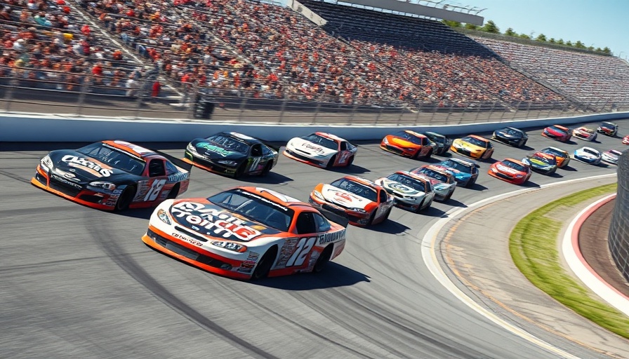 NASCAR race cars cornering on a vibrant track, showcasing high-energy competition in daylight grandstand atmosphere.