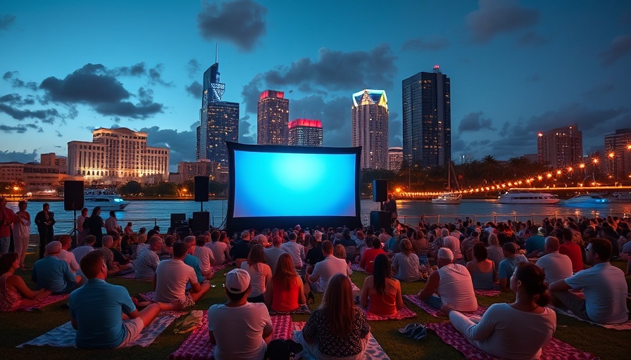 Outdoor Screening of The Sandlot in Tampa with city skyline backdrop.