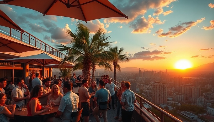 Lively rooftop bar in Tampa Bay during sunset with city skyline.