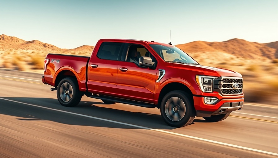 Red pickup truck showcasing speed and power on desert road.
