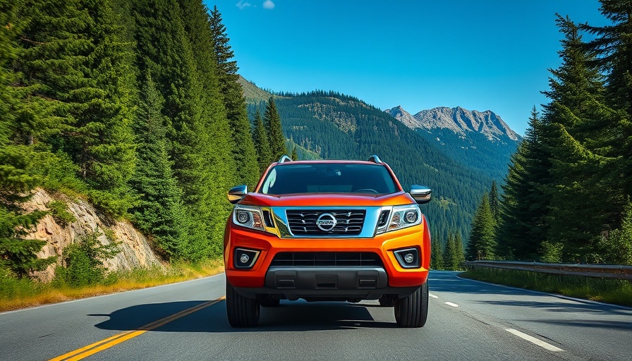 2025 Nissan Frontier on scenic mountain road with trees.