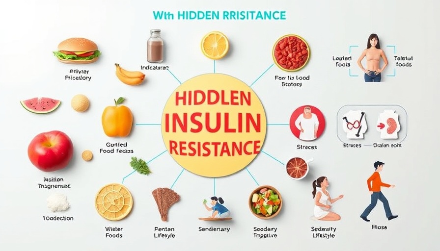 Illustration of hidden triggers of insulin resistance with unhealthy foods and stress indicators.