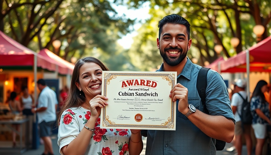 Celebrating the world's best popular Cuban sandwich award at a festival.