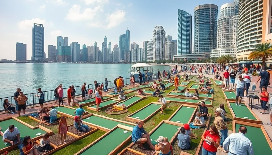 Waterfront glow putt putt experience in Tampa, bustling scene under sunny sky.