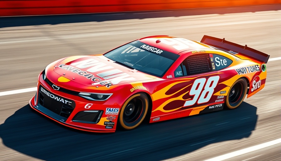 NASCAR race car in action with flames design at the track.