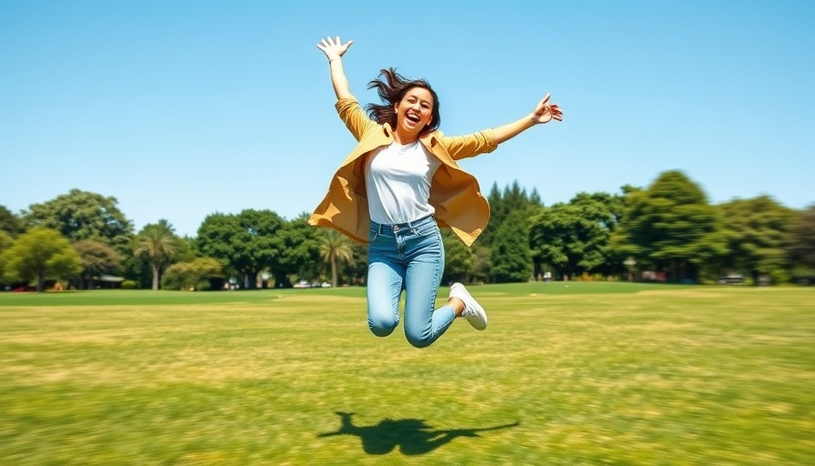Lively woman jumping with boundless energy in sunny park.