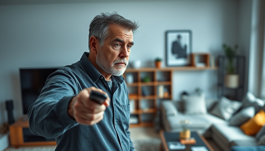 Concerned man turning off TV to reduce heart disease risk in living room.