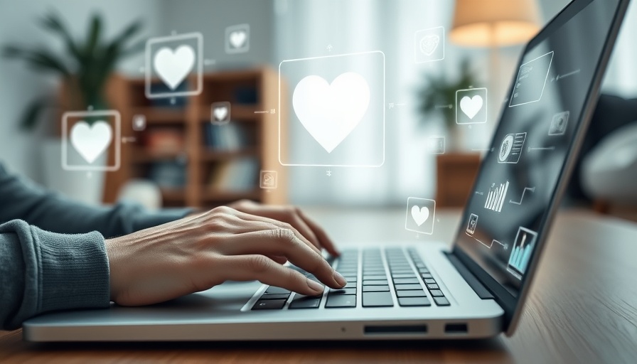 Typing on laptop with digital icons in futuristic environment.
