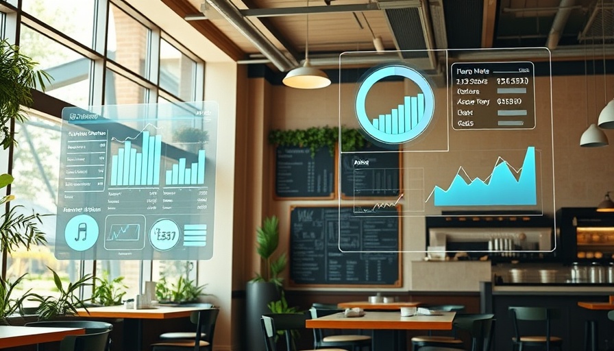 Restaurant interior featuring digital inventory data and analytics holograms, highlighting optimization.