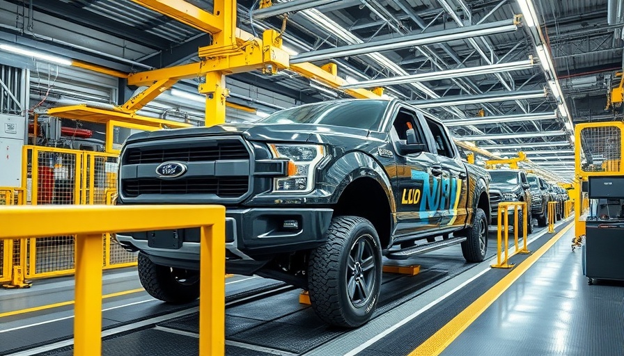 Assembly line in US auto plant showcasing truck chassis under fluorescent lights.