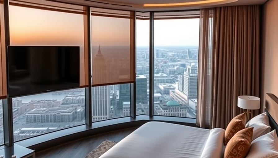 Modern hotel room with automated window treatments and city view.