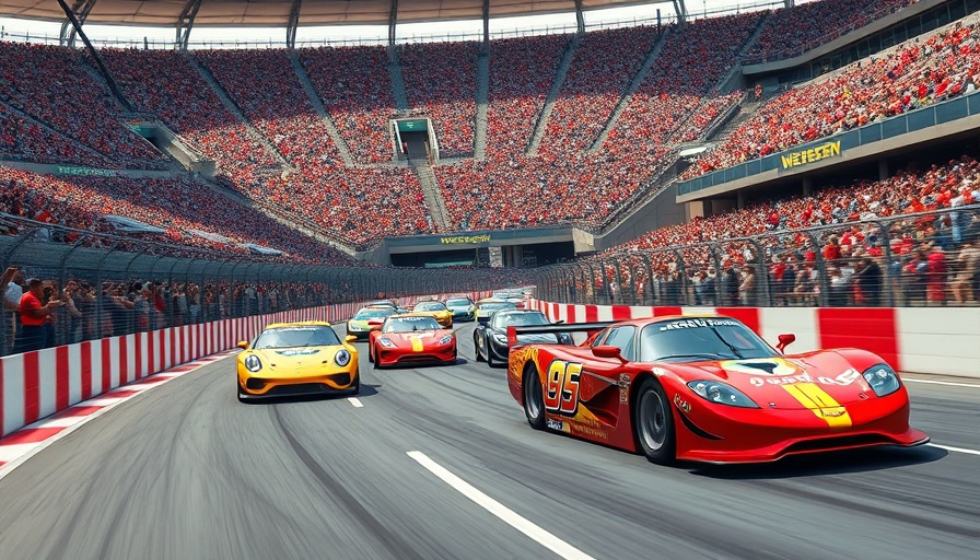 Race cars speeding on track at full stadium, thrilling race day.