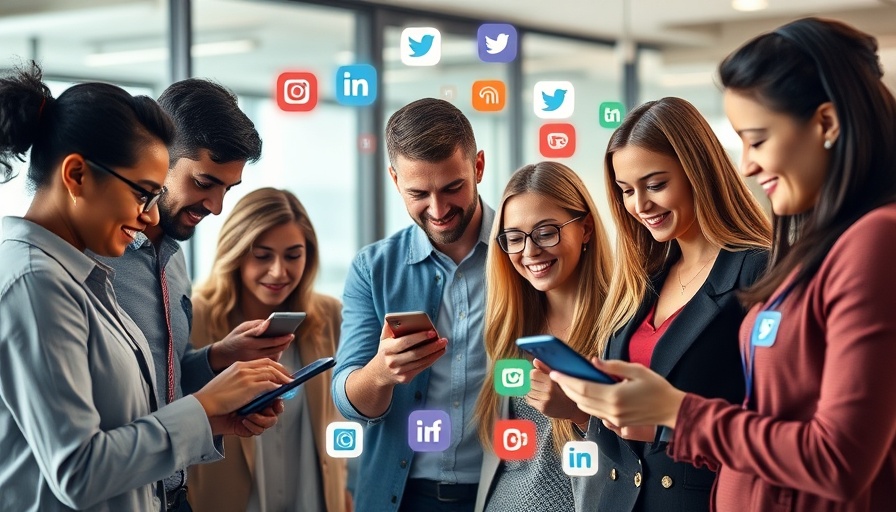 Diverse team analyzes mobile ads with social media icons, showcasing use of interstitial ads in mobile apps.