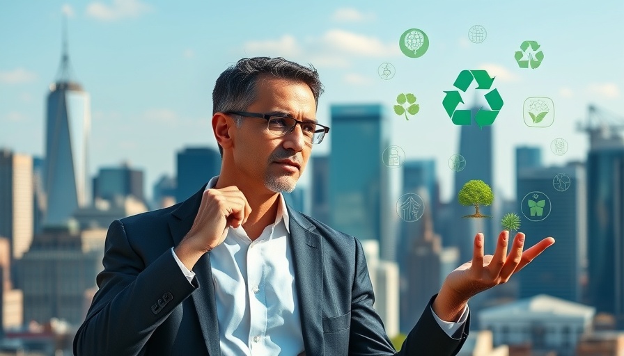 Business professional analyzes sustainability icons for guest loyalty, city background.