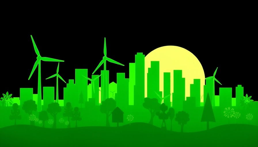 Eco-friendly cityscape with wind turbines and trees symbolizing sustainable technology in hospitality.