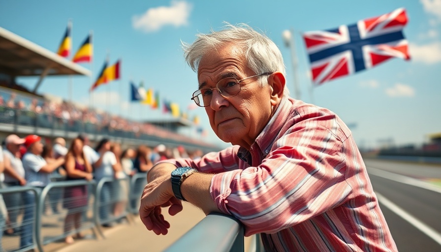 Elderly man at Talladega racetrack with flags in background.