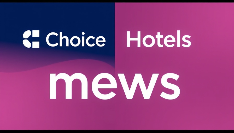 Split screen graphic of Choice Hotels and Mews logos, dark and light colors.