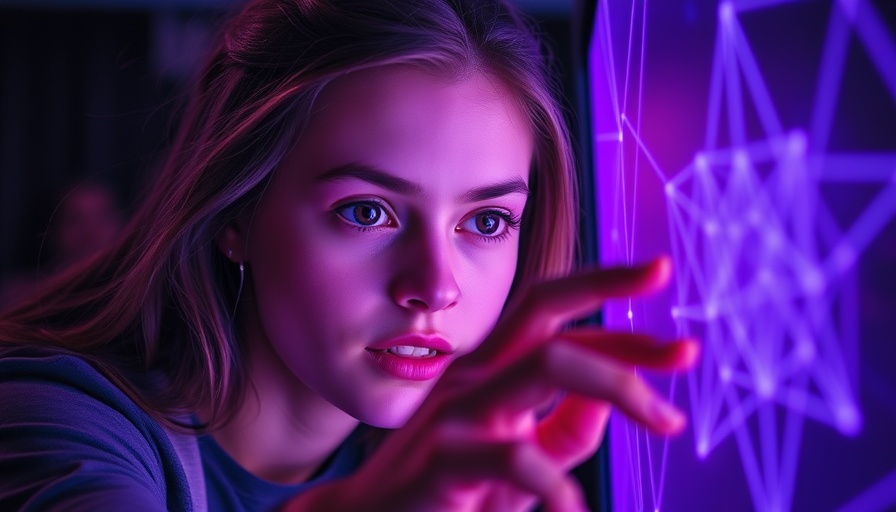 Young woman playing a digital game on a purple screen in a dark room.