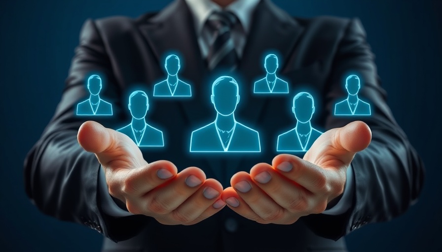 Concept of recruitment in hospitality, businessperson protects digital human icons.