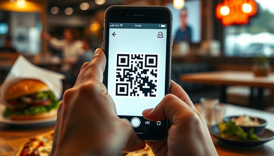 Smartphone scanning QR code in restaurant for digital dining interaction.