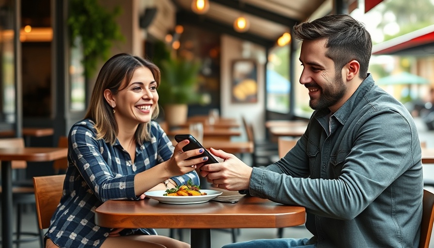 Happy couple using smartphone for payment at outdoor cafe.