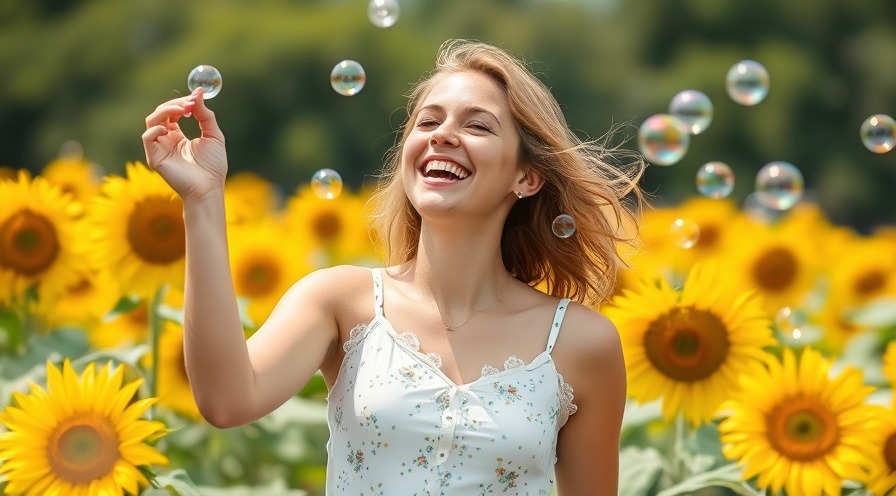 Joyful woman in sunflower field with bubbles, radiating happiness on summer day.
