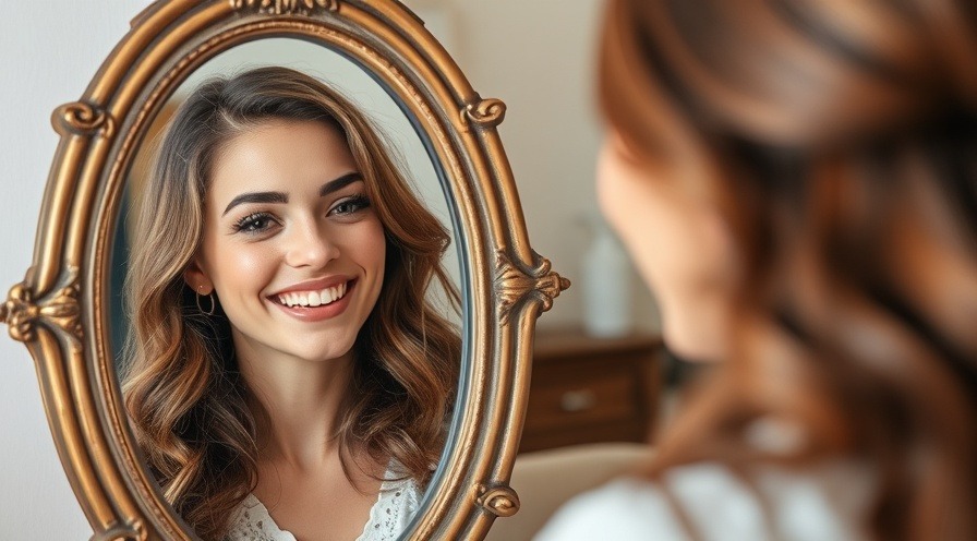 Cheerful woman smiles at her reflection in a vintage mirror, radiating positivity.
