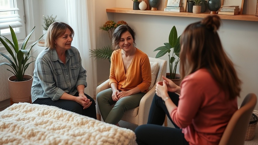 Therapy session with women discussing emotional well-being.