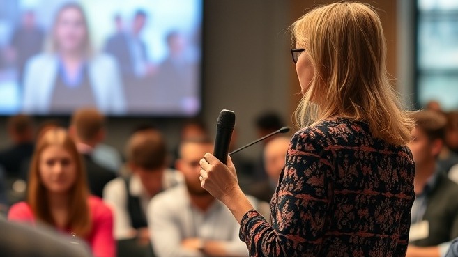Woman engaging and speaking to an audience in a conference setting.