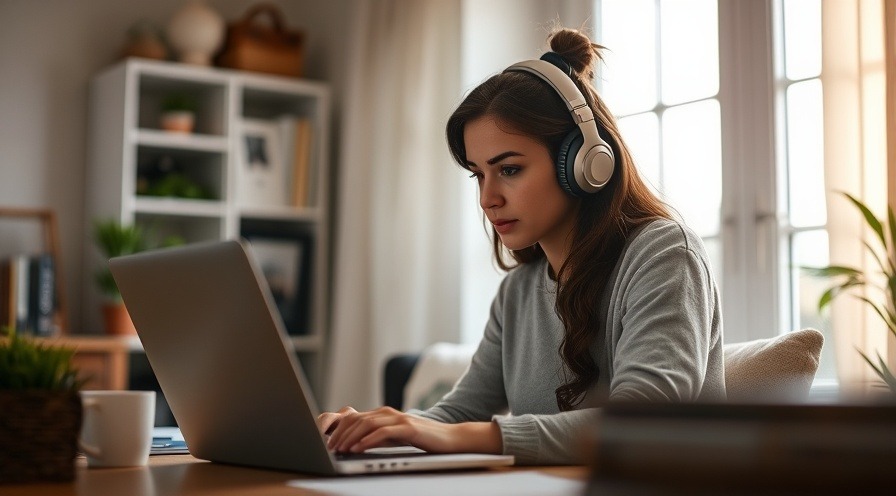 Focused woman in cozy home office with headphones, working on laptop.