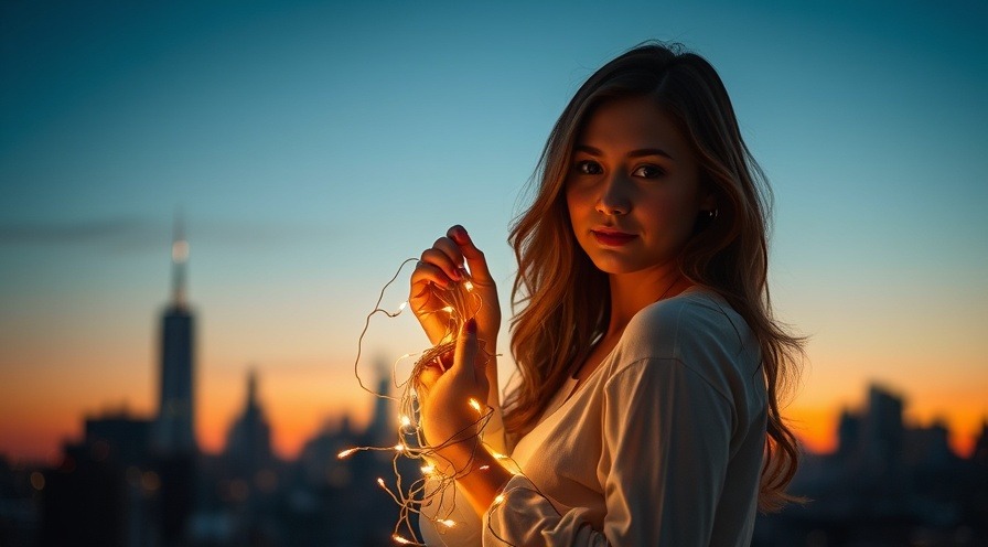 Romantic portrait of a woman with glowing string lights, city skyline at dusk.