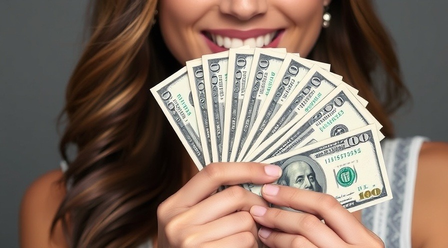 Woman holding a fan of US dollar bills, representing financial success and wealth.