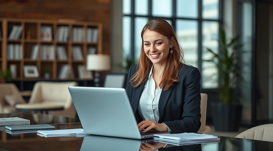 Businesswoman in stylish office with laptop, showcasing a professional work environment.