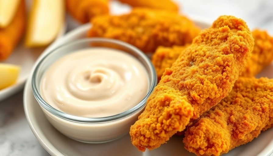 Golden crispy chicken tenders with dipping sauce.