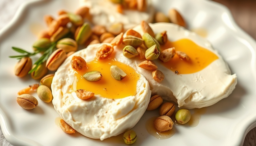 Boursin appetizer with pistachios and honey on a scalloped plate.