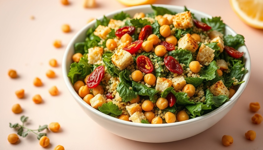 Lemony quinoa kale salad with crispy chickpeas in a bowl on a pastel background.