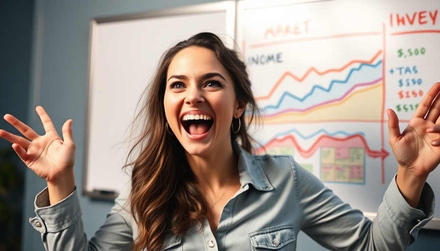 Young woman showcasing digital marketing revenue chart.