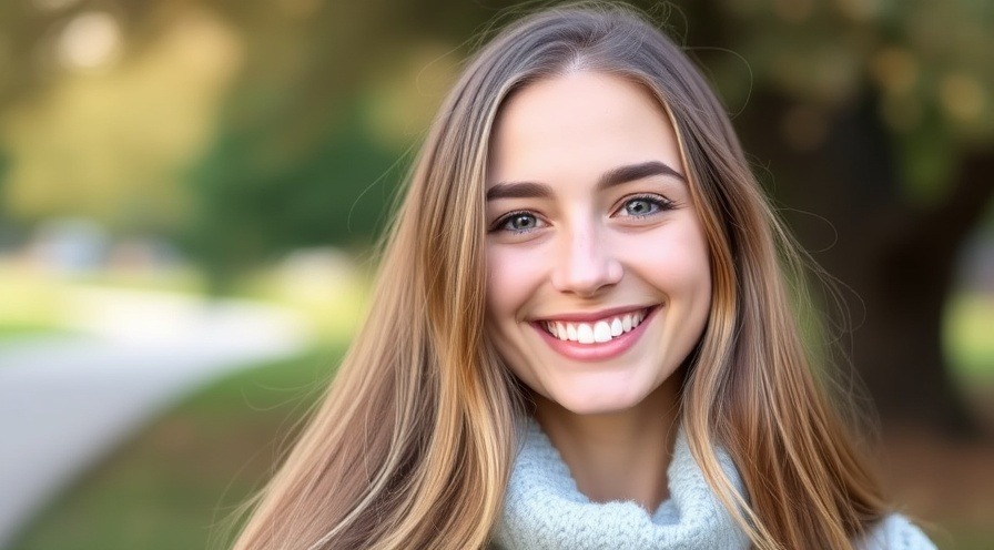 Young woman with long hair smiles confidently in an outdoor portrait.