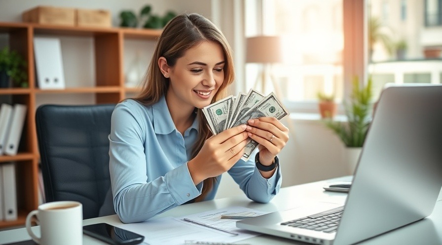 Woman counting money at her desk, showcasing financial management and success.