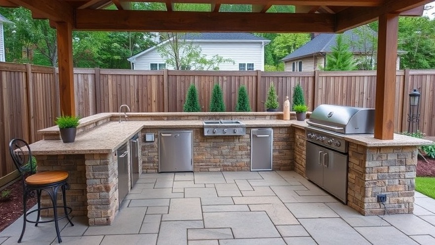 Beautiful outdoor kitchen with modern appliances and cozy seating