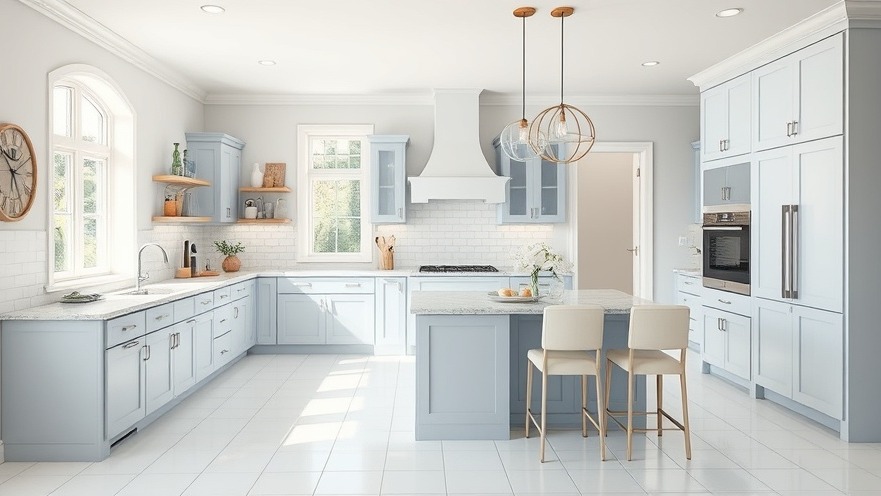 Welcoming spacious kitchen with light blue cabinets and white tile floors