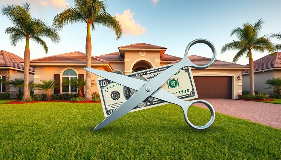 Scissors cutting dollar bill in front of Florida home.