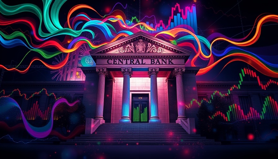 Dynamic illustration of financial trends with a central bank building.