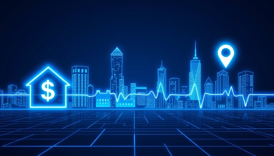 Digital skyline with tech icons for AI in mortgage lending.