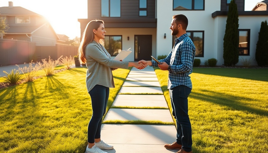 Real estate agent meeting client in front of house outdoors