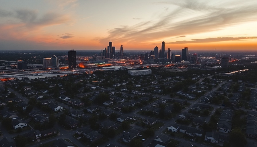 Aerial view of Dallas skyline at sunset highlighting the housing market.