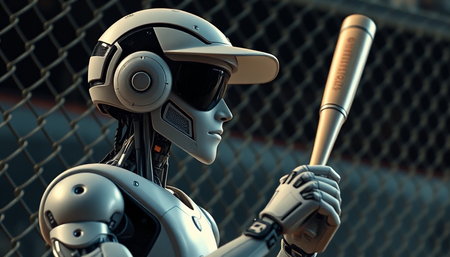 Futuristic robot and baseball player with chain-link fence background.