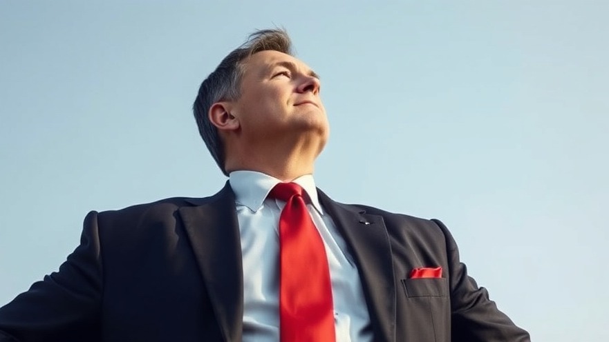 Confident man with a red tie contemplating real estate legislation under a clear sky.