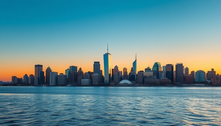 New Jersey skyline reflecting on calm water at sunset, vibrant colors.